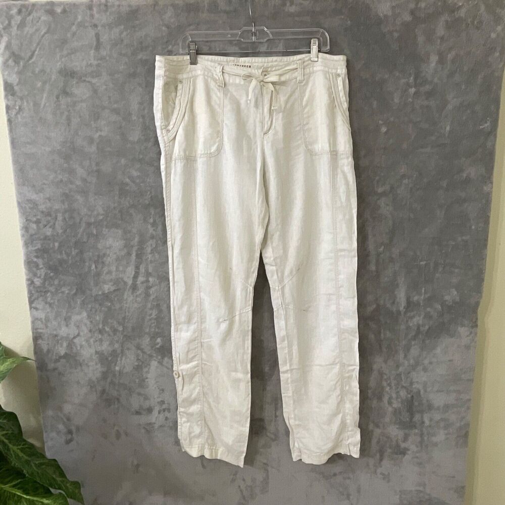 Marrakech Linen Pants women’s size 14 drawstring elastic pockets roll tab hems.